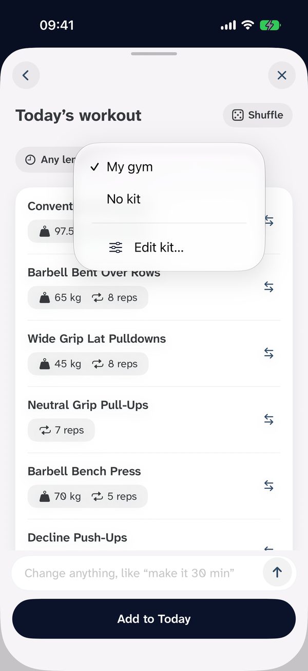Build today's workout: a session built for the kit you have, ready to add to today.