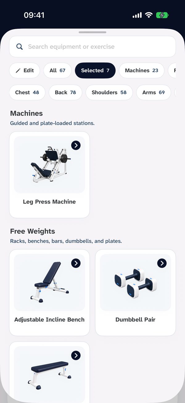 Exercises by equipment in Gym Jotter: pick your kit and browse the exercises that use it.