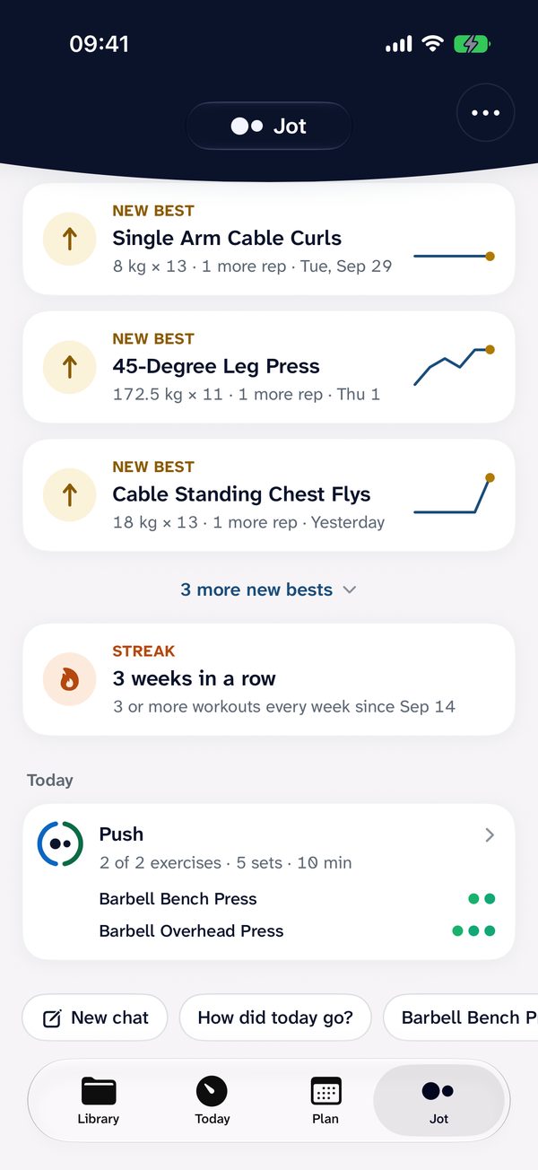 The Jot tab: new bests, a three-week streak, today's Push session and chat suggestions.