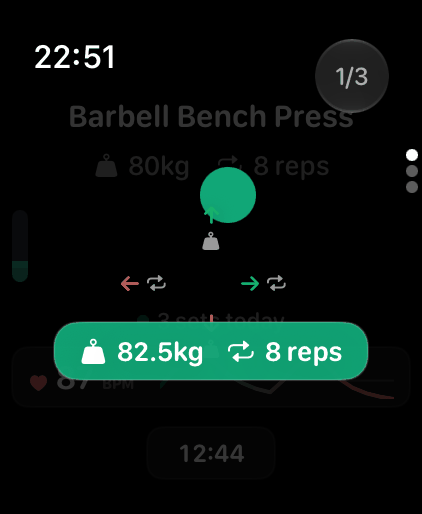 Sliding Jot Down Set up on Apple Watch changes the set to 82.5 kg for 8 reps.