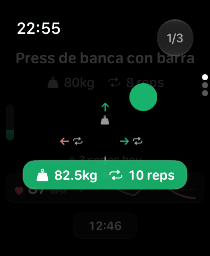 Deslizando Registrar serie en el Apple Watch: la serie cambia a 82,5 kg y 10 repeticiones.