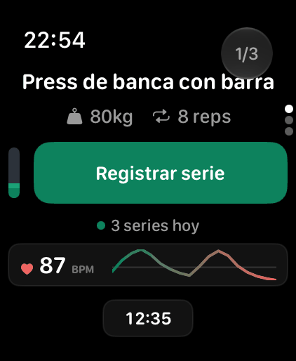 Gym Jotter en el Apple Watch: press de banca con barra, 80 kg, 8 repeticiones, el botón Registrar serie y el ritmo cardíaco.