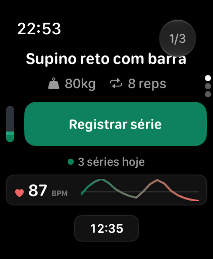 Gym Jotter no Apple Watch: supino reto com barra, 80 kg, 8 repetições, o botão Registrar série e os batimentos.